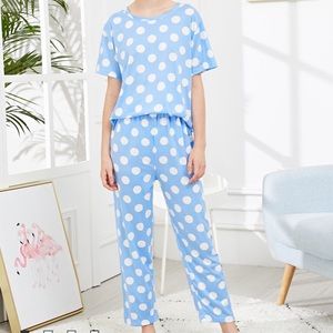 Blue and white polka dot pajamas